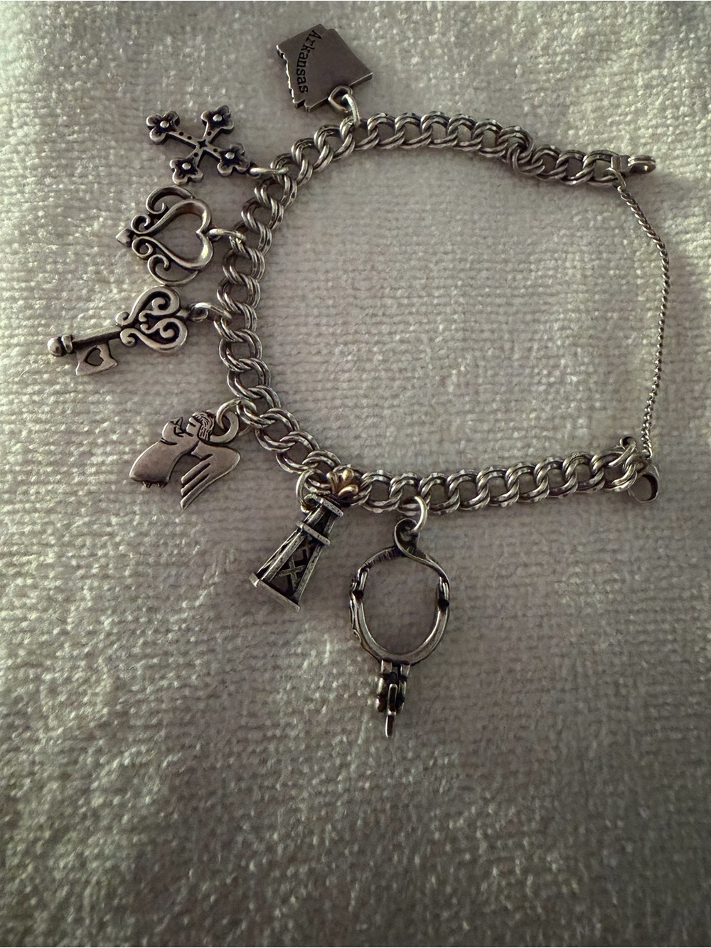 James Avery Silver Charm Bracelet with Heart, Key, Cross & Eiffel Tower Charms